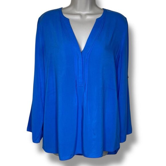 Lilly Pulitzer Blue Popover Roll Tab Long Sleeve Rayon Shirt Women Medium FLAWED - Picture 1 of 13